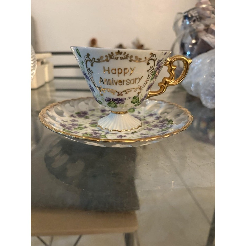 Vintage Lefton China Happy Anniversary Teacup Saucer Set Violets 2425 Japan